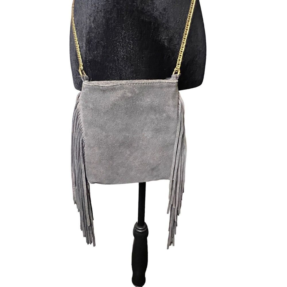 Ecote Suede Fringe Crossbody Bag Chain Strap Gray - Picture 2 of 7